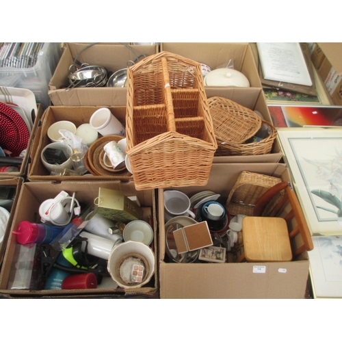 118 - Four boxes inc wicker basket, woven baskets, spice rack, jugs, candles, etc