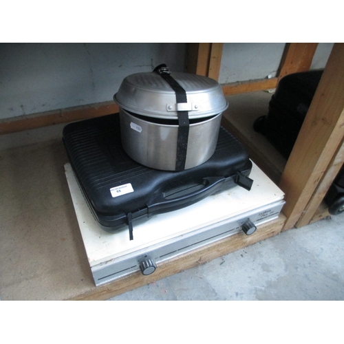 55 - Lot inc two assorted camping stoves and camping pans