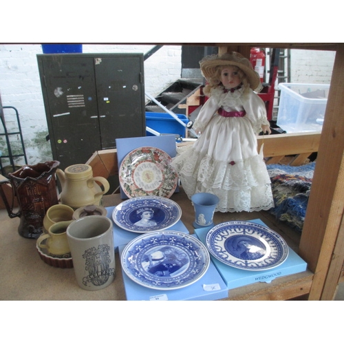 59 - Lot inc stoneware pottery, Wedgwood plates, porcelain doll