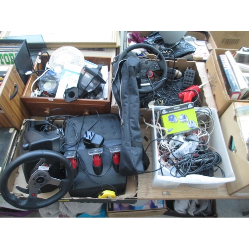 73 - Lot inc gaming steering wheels, assorted cables, solar light, remote controlled sockets, etc