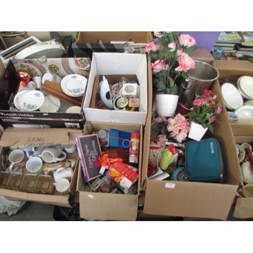 112 - Five boxes inc ice bucket, artificial flowers, mugs, china, playing cards, etc