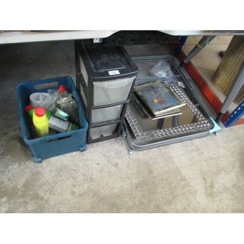 143 - Lot inc clothes maiden, mirror, Three tier plastic storage unit, household chemicals, etc