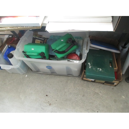 167 - Lot inc petrol cans, assorted chemicals, camping items, etc