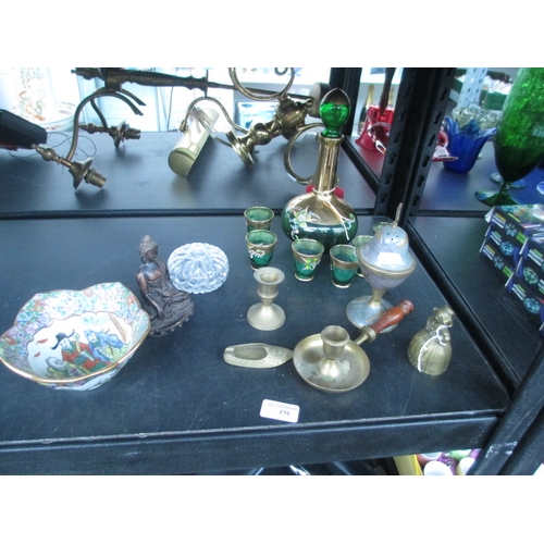 216 - Lot inc green glass decanter set, brass ornaments, oriental bowl, etc