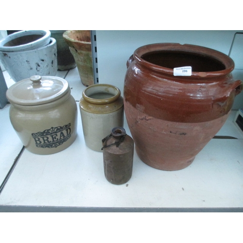 296 - Lot inc stoneware barrel, pots and bottle