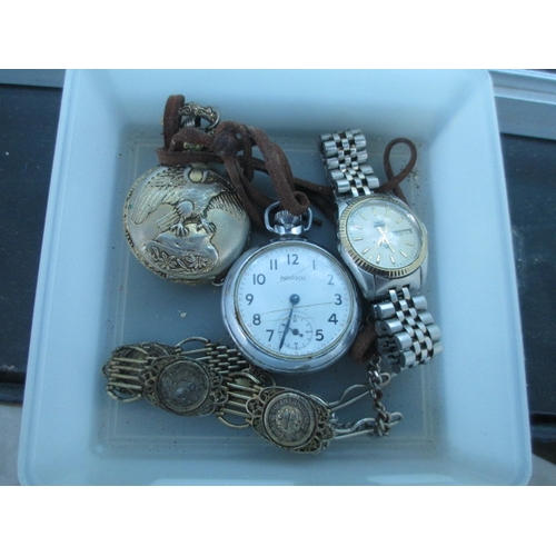 445 - Lot inc silver hallmarked bracelet, two pocket watches and wristwatch