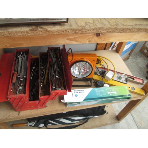 56 - Lot inc cantilever tool box, tools, spirit levels, etc