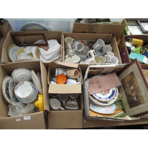 58 - Five boxes inc china, crockery, mugs, ornaments, etc