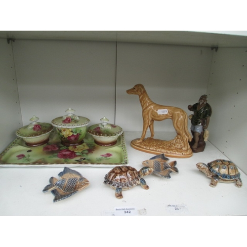 342 - Lot inc dressing table set, Wade tortoise and fish, dog figurine, etc