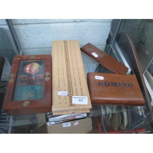 437 - Lot inc cribbage boards, Dominoes, card set