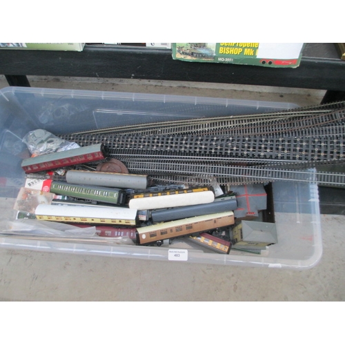 483 - Box of model rail items inc railway carriages, track, buildings, etc