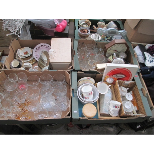 66 - Four boxes inc glassware, china, clock, bread bin, etc