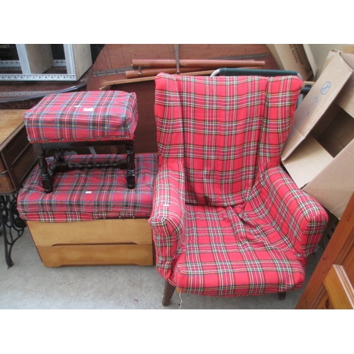 722 - A tartan covered wing back chair, vintage stool and 2 drawer seat with cushion