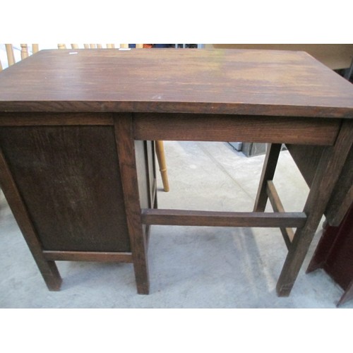 619 - A small vintage oak 3 drawer desk with drop leaf extension