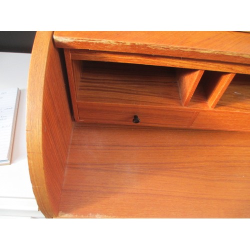 694 - A retro teak roll top bureau with 3 drawer base