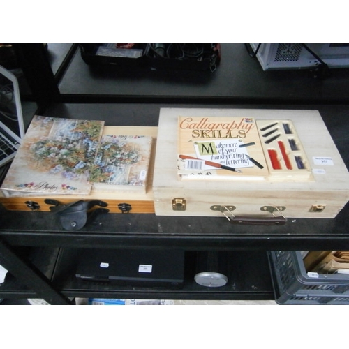 Lot inc artist boxes with contents and calligraphy set, notebook, etc