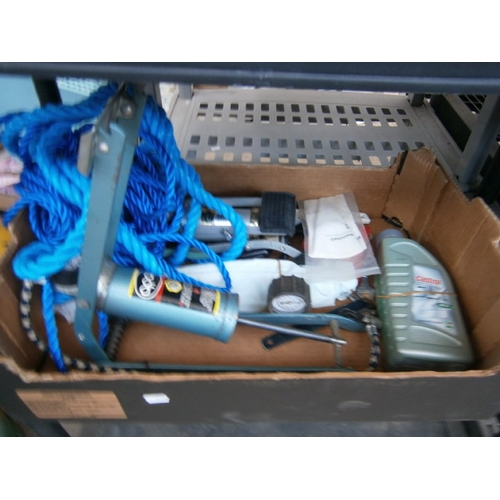 Box of various tools inc rope, manual pumps and 0W-30 oil