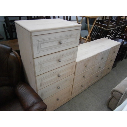 A modern 5 drawer chest and 3 x matching 3 drawer chests