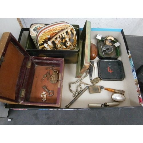114 - Lot inc trinket box, old tins, corkscrew, lighter, keys, jewellery, etc