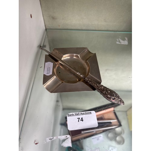 74 - Silver hallmarked ashtray and button hook, 

weight 67 grams gross