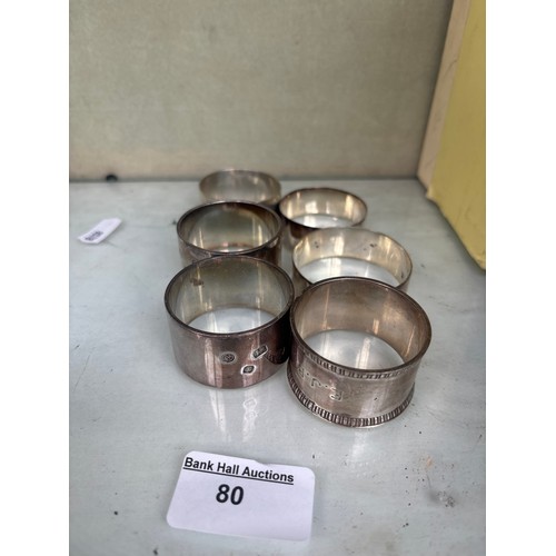 80 - Six assorted Silver hallmarked napkin rings, 
weight 189 grams