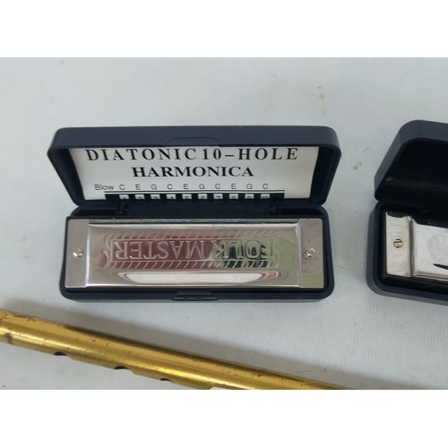 49 - Two Folk Master harmonicas, flute and whistle