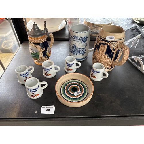 Lot inc steins, small tankards and stoneware dish