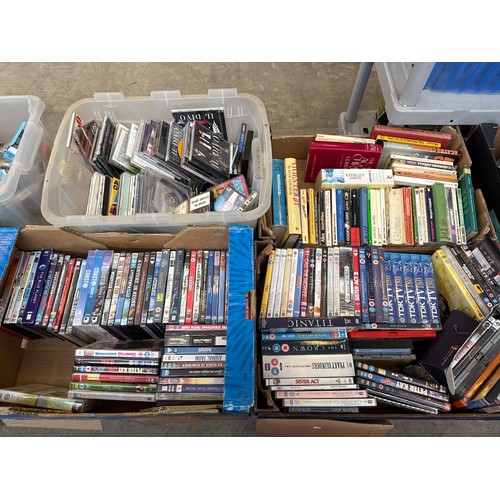Four boxes inc DVDs, CDs, books