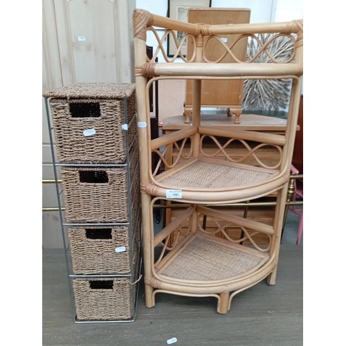 A cane framed corner shelf stand and a small storage tower with basket ...