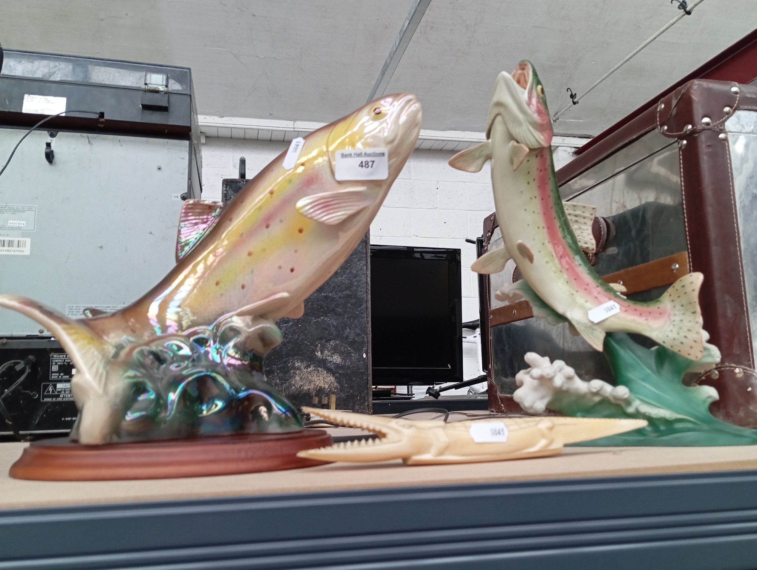2 x large ceramic fish figures and a model crocodile
