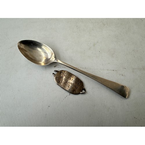 5 - Silver hallmarked spoon and tag,  

weight 14 grams