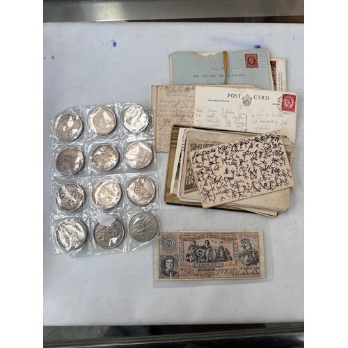 15 - Lot inc postcards, old coins and notes