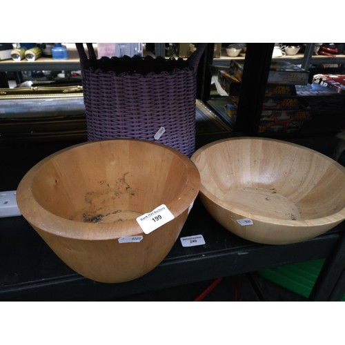 199 - Woven basket and two wooden bowls