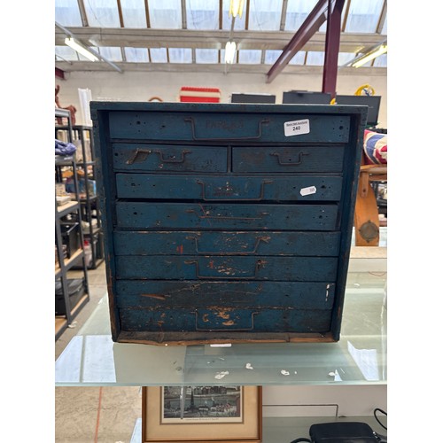 240 - Nine drawer wooden engineers cabinet with contents