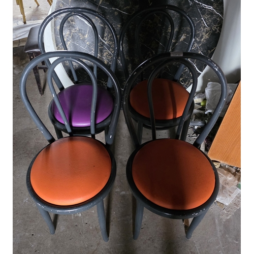 64 - Four painted Bentwood chairs with modern faux seat pads