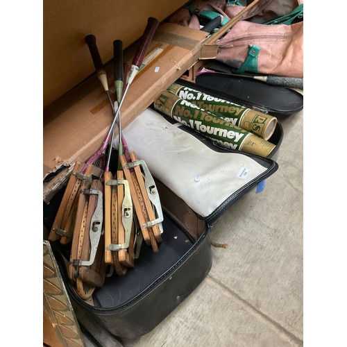 Lot inc assorted sport rackets, cricket bat, shuttlecocks, etc