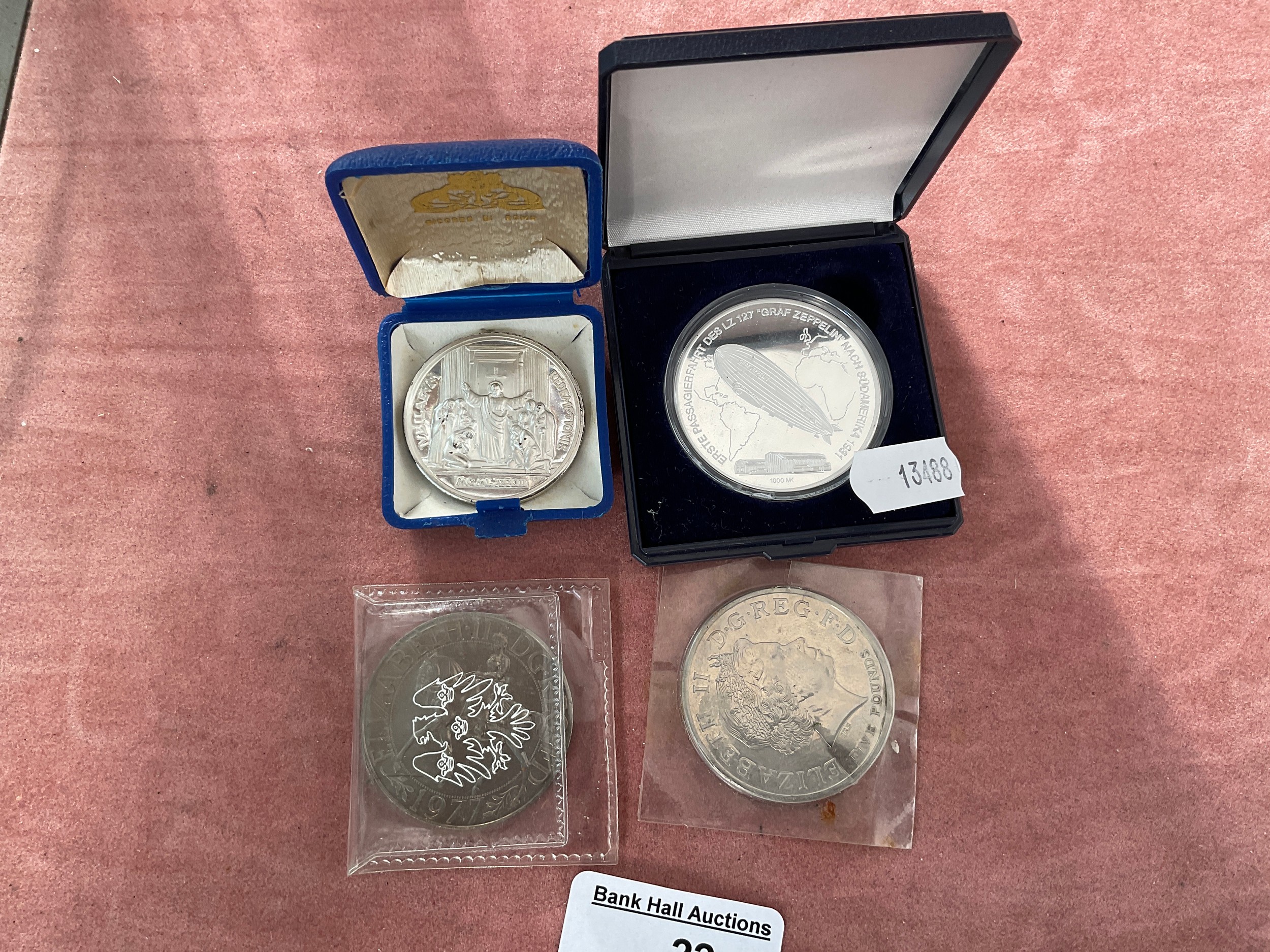 Two old crowns, religious coin and Zeppelin coin