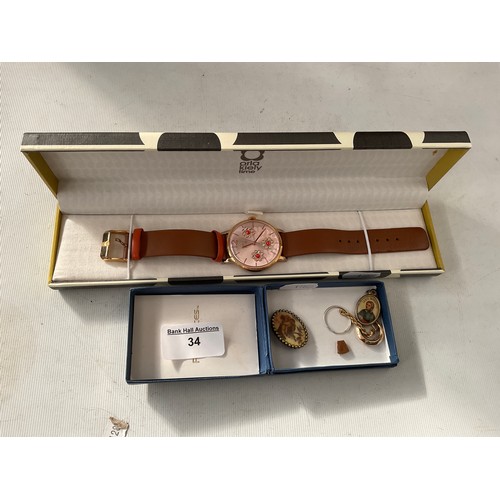 34 - Lot inc watch, pendant, earrings, brooch