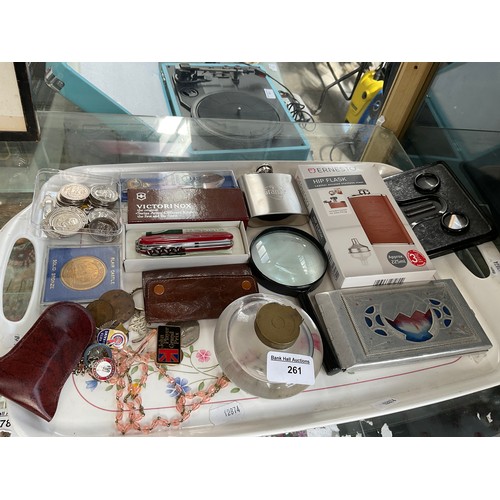 261 - Lot inc hip flasks, swiss army knife, coins, ink well, etc