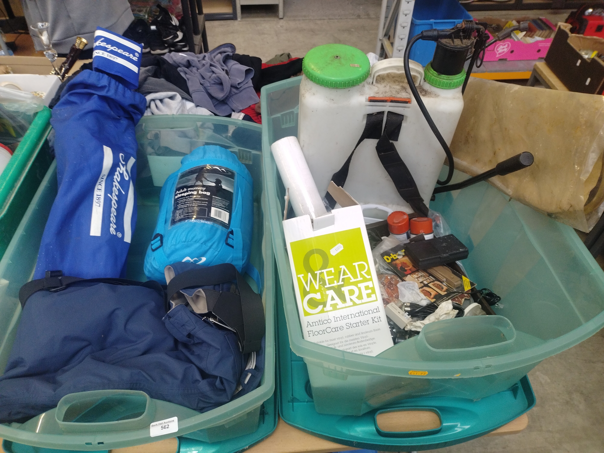 2 large boxes Inc camping equipment, garden sprayer etc