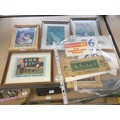 Framed old advertisement prints and old cardboard signs