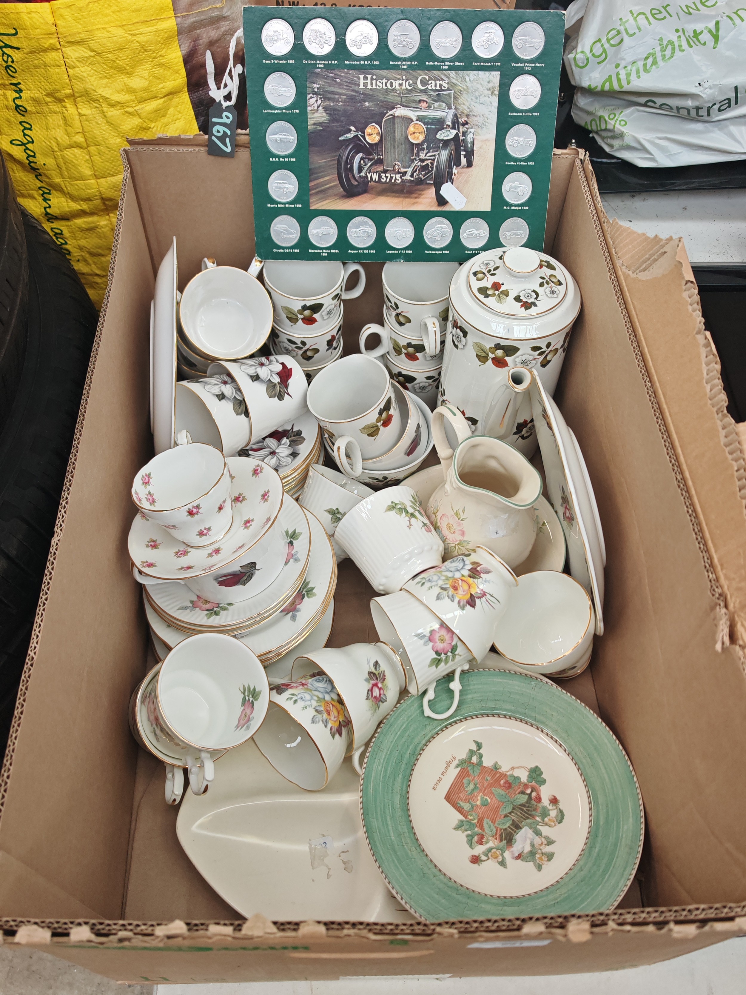 Box of assorted china and Historic car coin set
