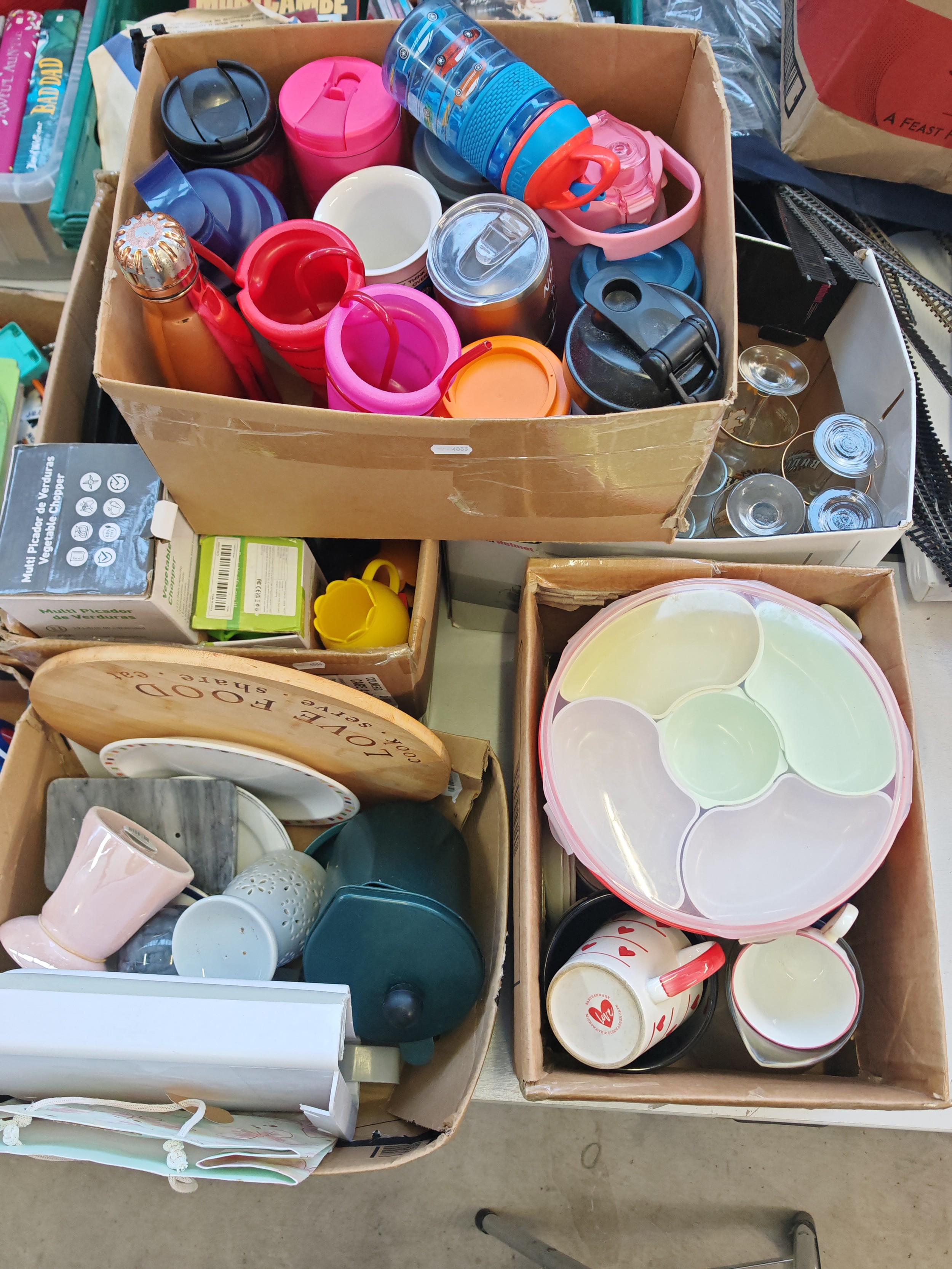 Five boxes inc water bottles, glassware, wax burners, mugs, etc