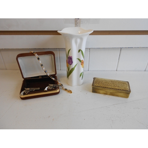 60 - Small Vase, Stamp Box, Silver Bracelet & Cuff Links