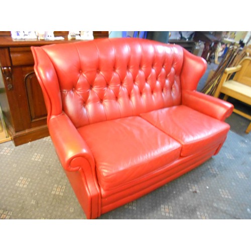 306 - Red Leather Chesterfield 2 Seater Settee