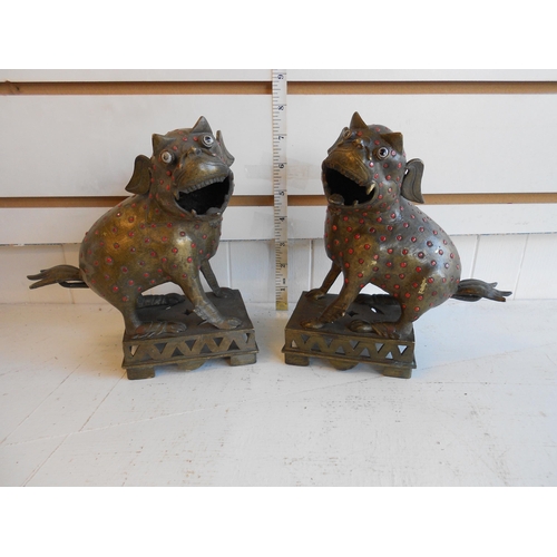 29 - Unusual Pair of Bronze Chinese Foo Dogs with Glass Eyes