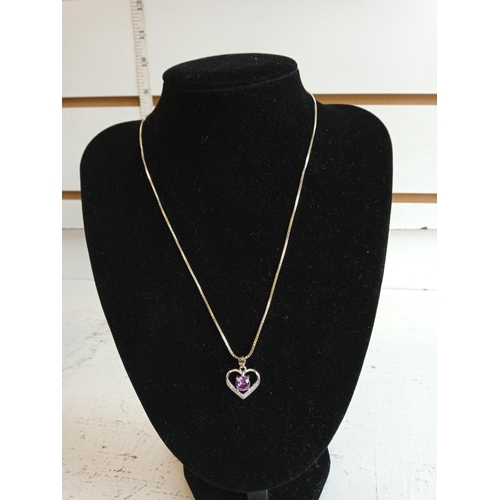 301 - Silver Necklace & Heart Shape Pendant with Pink/Purple Stone