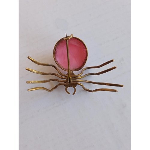 130 - Yellow Metal & Semi Precious Stone Spider Brooch