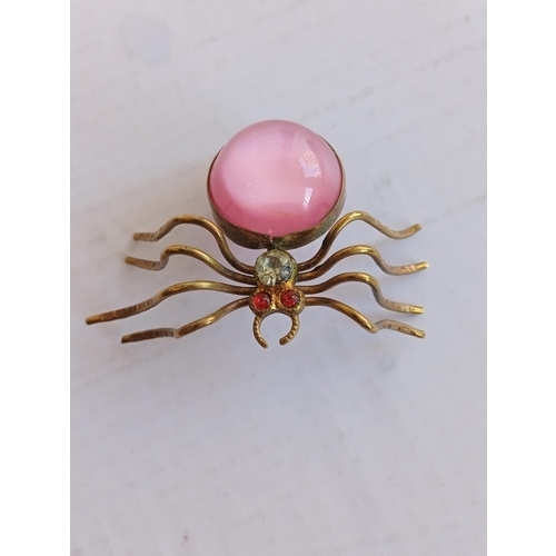 130 - Yellow Metal & Semi Precious Stone Spider Brooch