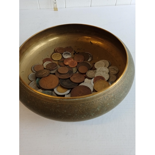 306 - Heavy Brass Bowl with Mixed County Coins